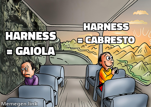 Meme dois caras no ônibus: à esquerda, um homem de cara fechada olhando pela janela, legenda 'harness = gaiola'; à direita, um homem sorrindo olhando a mesma paisagem, legenda 'harness = cabresto'.