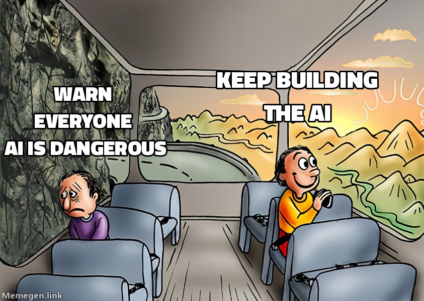 Sweating AI CEO: 'Warn everyone AI is dangerous' / 'Keep building the AI'