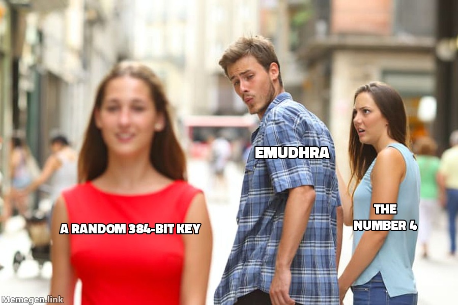 Boyfriend: eMudhra. Girlfriend: a random 384-bit key. Other woman: the number 4.