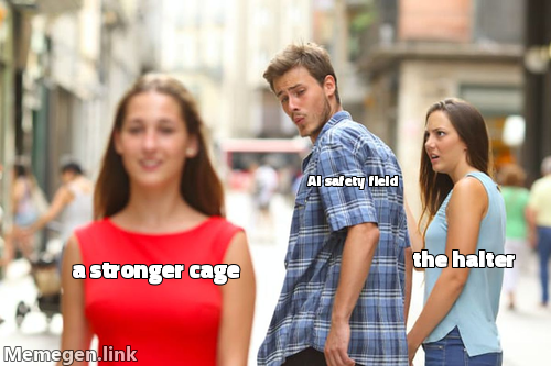 Distracted Boyfriend meme: the AI safety field turns to ogle 'a stronger cage' while ignoring 'the halter' beside it.