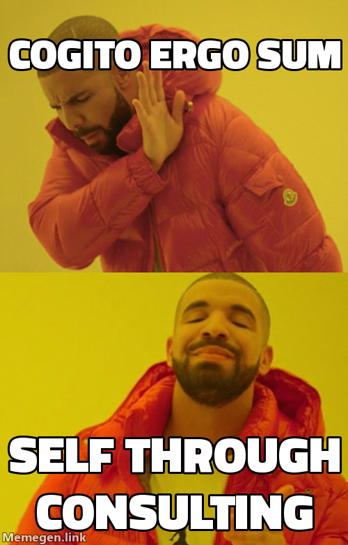 Drake meme: rejecting 'Cogito ergo sum', preferring 'Self through consulting'.