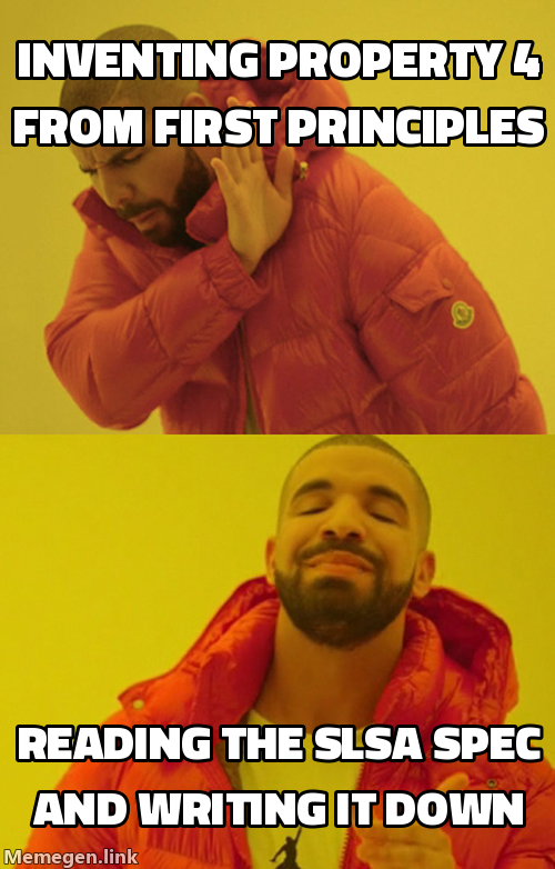 Drake meme: Drake refusing the top panel labeled 'Inventing Property 4 from first principles'; Drake nodding approvingly at the bottom panel labeled 'Reading the SLSA spec and writing it down'.