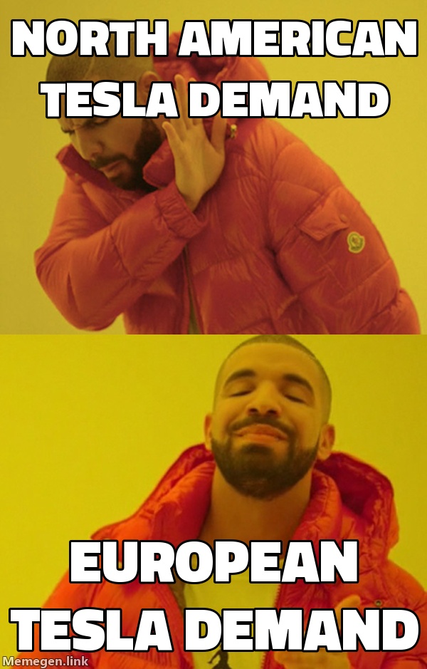Drake rejecting: North American Tesla demand. Drake approving: European Tesla demand.