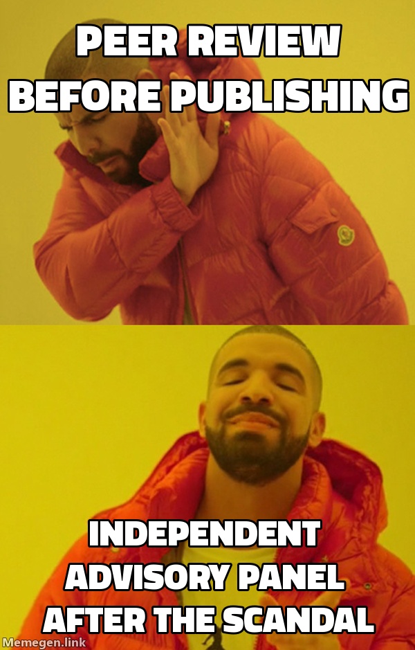 Drake rejects: peer review before publishing. Drake approves: an independent advisory panel after the reputational crisis.