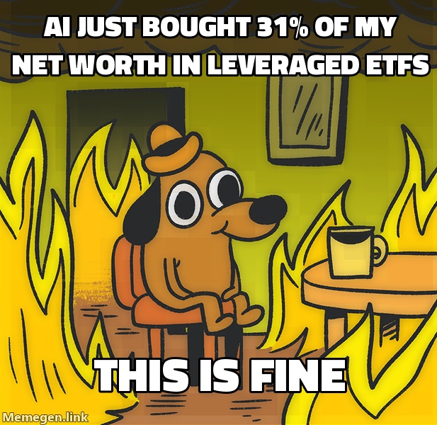 Retail investor sipping coffee while the Agentic Credit Card auto-buys 31% of his net worth in leveraged ETFs.