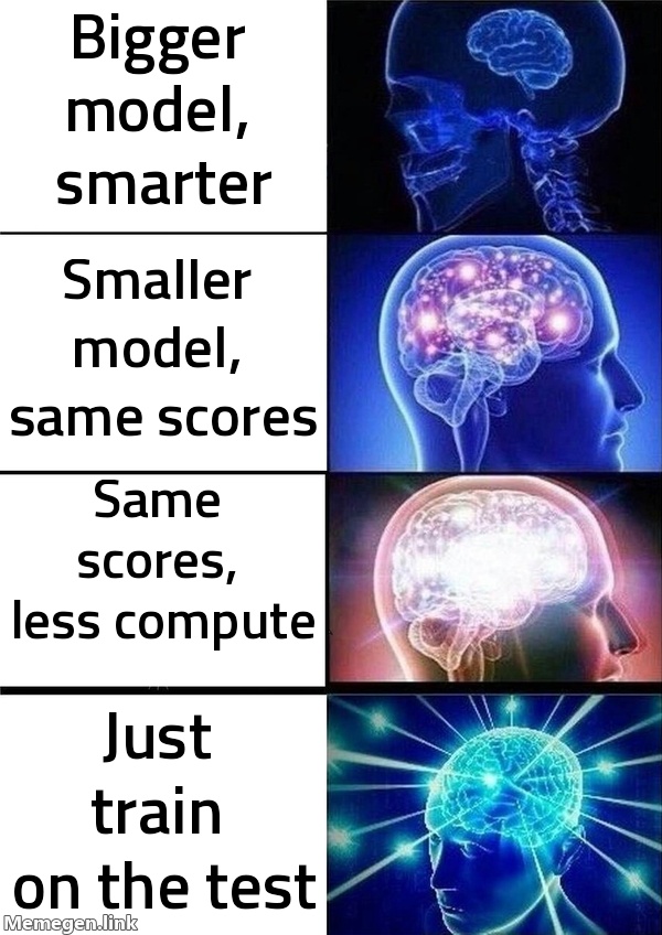 Bigger model = smarter / Smaller model, same scores / Just train on the test.