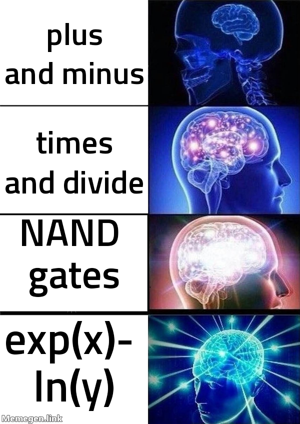 Expanding brain: plus minus; times divide; NAND; eml