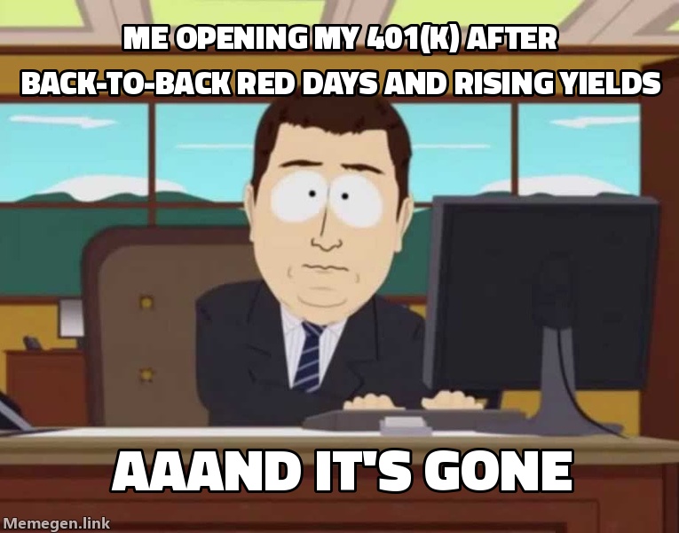 Me checking my 401(k) after back-to-back red days and rising Treasury yields.