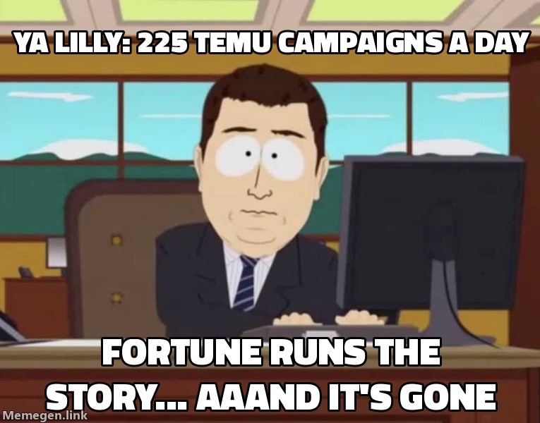 Ya Lilly's 225 Temu campaigns a day after Fortune ran the story