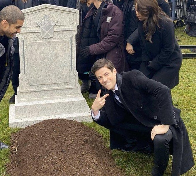Grant Gustin Next To Oliver Queen's Grave meme about work