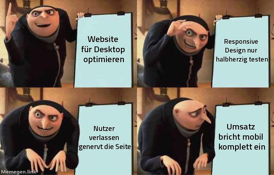 Website für Desktop optimieren / Responsive Design nur halbherzig testen / Nutzer verlassen genervt die Seite / Umsatz bricht mobil komplett ein