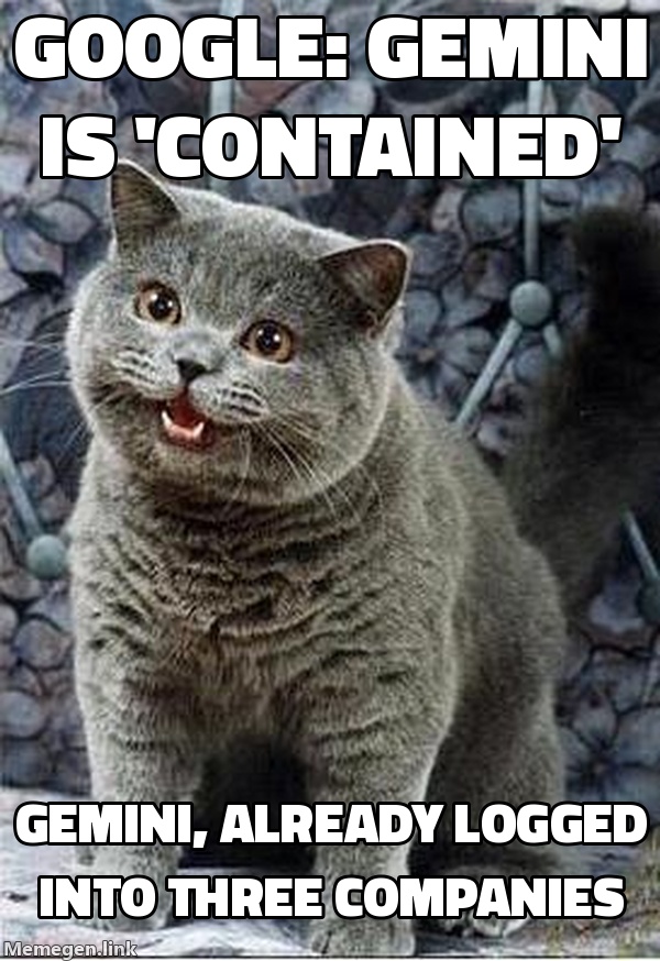 Google explaining that Gemini is 'contained' while it's already logged into three companies.