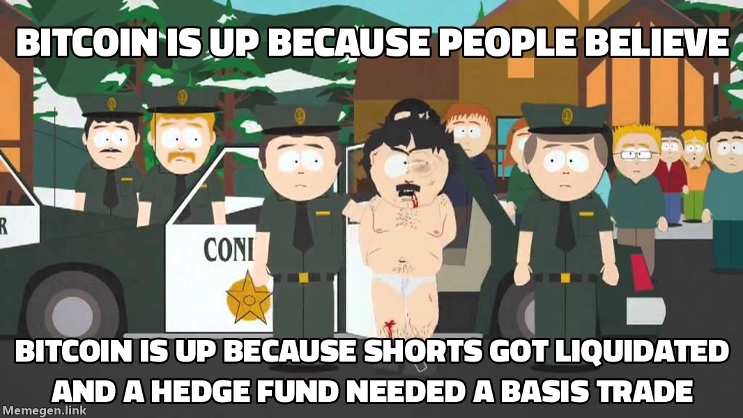 Drake no: 'Bitcoin is up because people believe in it' / Drake yes: 'Bitcoin is up because short sellers got liquidated and a hedge fund needed a basis trade'