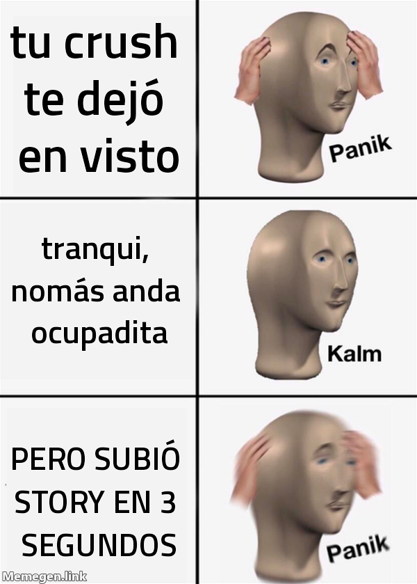 meme: tu crush te dejó en visto / tranqui, nomás anda ocupadita / PERO SUBIÓ STORY EN 3 SEGUNDOS