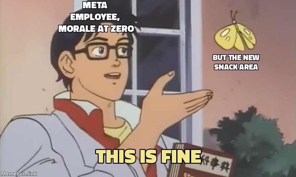 Meta employee in a building with low morale and a brand-new snack area.