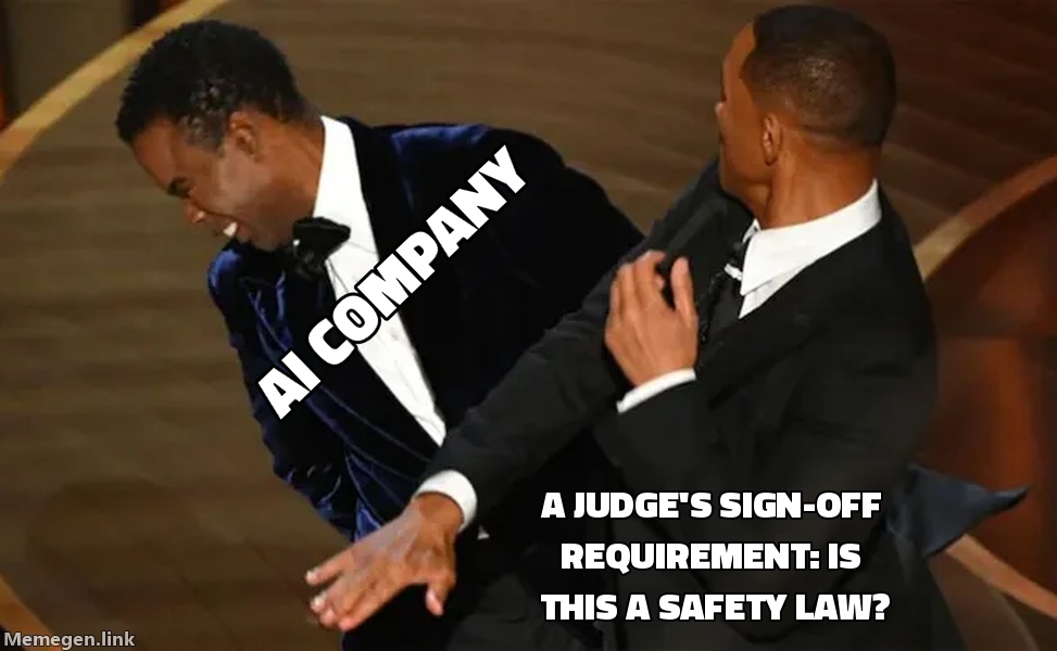 AI company, pointing at a judge's sign-off requirement: 'Is this a safety law?'