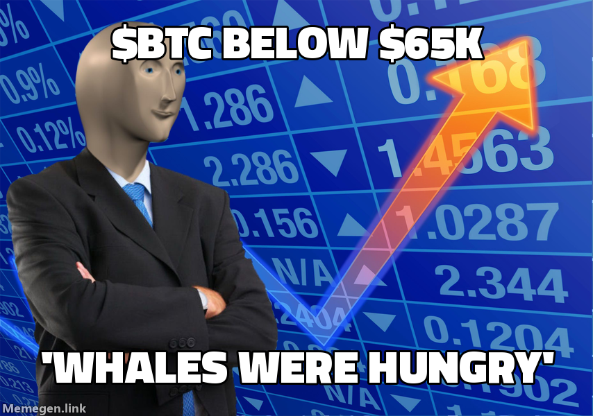 Stonks meme: BTC below 65K, whales were hungry